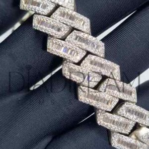 Baguette and Round Cut Diamond 925 Sterling Silver Chain Necklace for Men Hip Hop Style Jewelry for Wedding Party Gift