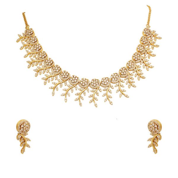 Round Neck Zircon/AD Necklaces Set Gold Plated Featuring Pearls and Diamonds for Wedding or Gift Includes Chains and Chokers