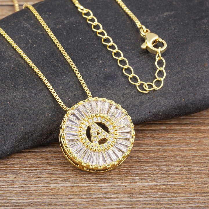 Luxury Round Shape A-Z 26 Initial Letter Crystal Copper Cubic Zircon Necklace Gold Color Pendant Jewelry Women Party Gift