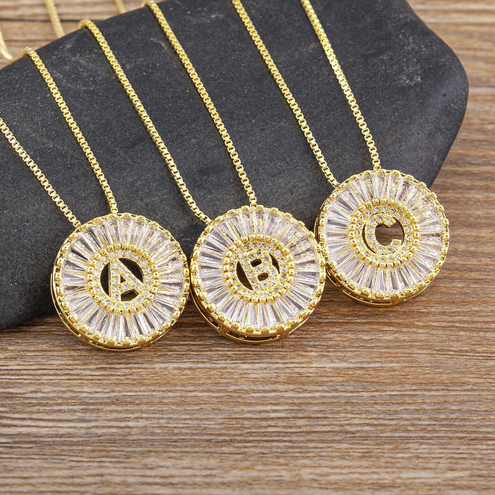 Luxury Round Shape A-Z 26 Initial Letter Crystal Copper Cubic Zircon Necklace Gold Color Pendant Jewelry Women Party Gift