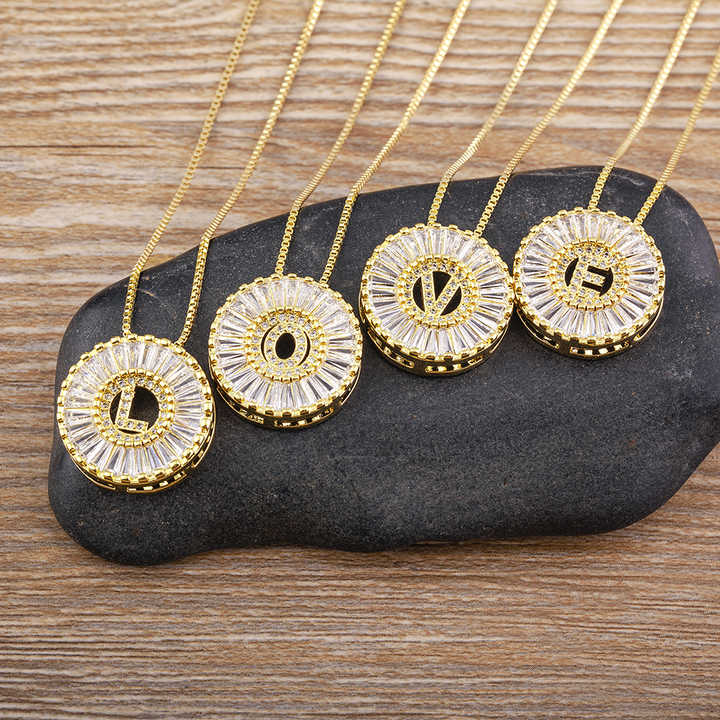 Luxury Round Shape A-Z 26 Initial Letter Crystal Copper Cubic Zircon Necklace Gold Color Pendant Jewelry Women Party Gift