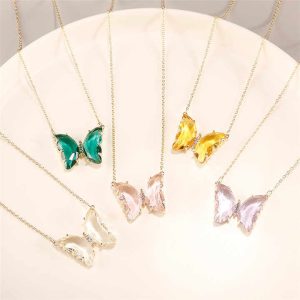 Cute Butterfly Pendant Necklace with Zircon Stone, Gold-Tone Copper Link Chain Jewelry Gift for Women