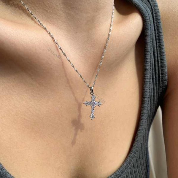 Dylam Joyas De Plata Minimalist Crystal Pendant Women Necklace Zirconia Jewelry Couple Dainty 925 Sterling Silver Cross Necklace