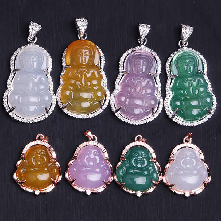 Custom Stainless Steel 18k Gold Plated Crystal Buddhism Jade Necklace Jewelry Religious Diamond Buddah Jade Buddha Pendant