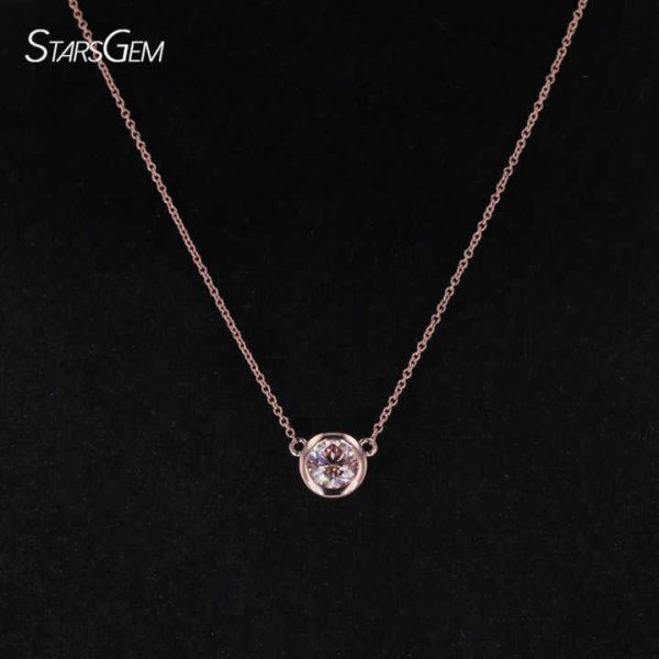Starsgem 14k Gold Bezel Setting Round Shape Lab Diamond Stone Pendant Necklace