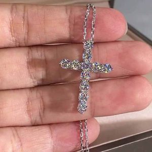 925 Sterling Silver Cross Pendant Necklace with Natural Diamonds - 3mm*11 Religious Christian Faith Jewelry for Women