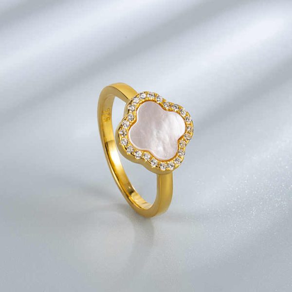 Custom Color Stone 925 Sterling Silver 18K Gold Plated Four-Leaf Clover S925 Silver 4-leaf Charm Rings Jewelry Lucky for Women