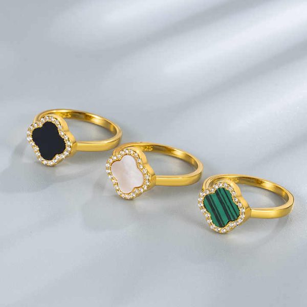 Custom Color Stone 925 Sterling Silver 18K Gold Plated Four-Leaf Clover S925 Silver 4-leaf Charm Rings Jewelry Lucky for Women