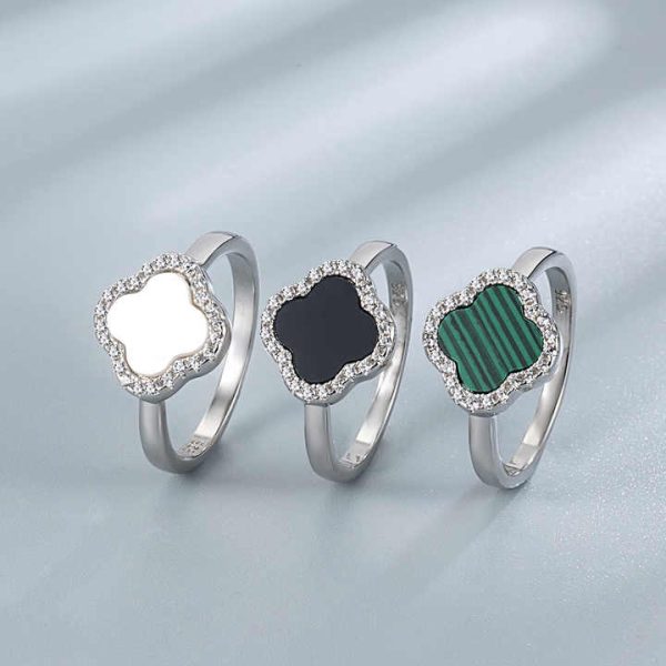 Custom Color Stone 925 Sterling Silver 18K Gold Plated Four-Leaf Clover S925 Silver 4-leaf Charm Rings Jewelry Lucky for Women