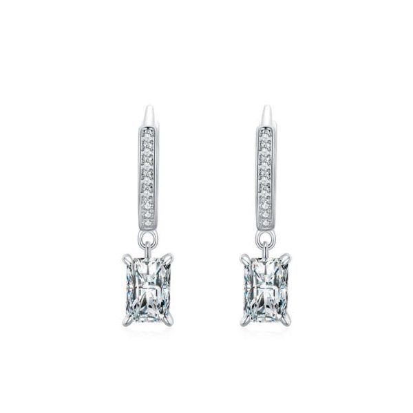 High Quality Fine Jewelry 925 Sterling Silver Simulated Diamond Rectangle Zircon Pendant Hoop Earrings