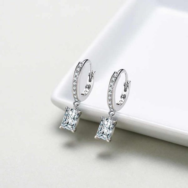 High Quality Fine Jewelry 925 Sterling Silver Simulated Diamond Rectangle Zircon Pendant Hoop Earrings