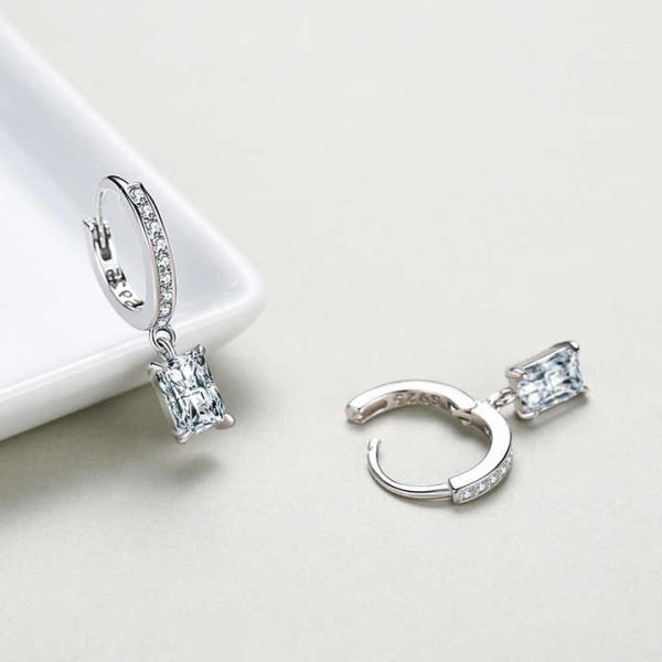 High Quality Fine Jewelry 925 Sterling Silver Simulated Diamond Rectangle Zircon Pendant Hoop Earrings