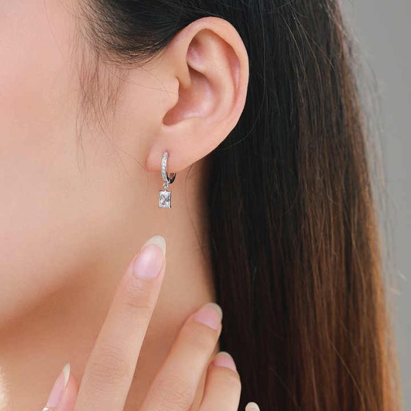 High Quality Fine Jewelry 925 Sterling Silver Simulated Diamond Rectangle Zircon Pendant Hoop Earrings
