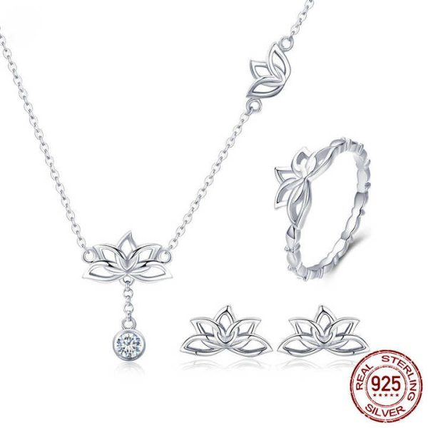 Fine S925 Jewelry Set 925 Sterling Silverring Earring Necklace, Gold Plated Zircon Wedding Jewelry Display Sets for Women