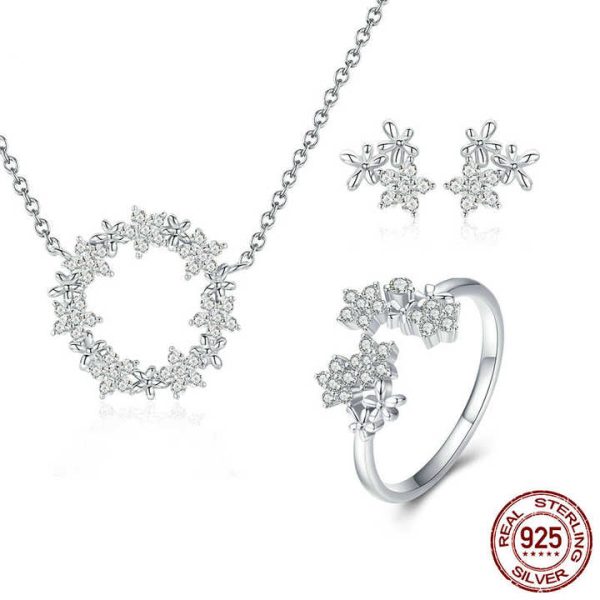 Fine S925 Jewelry Set 925 Sterling Silverring Earring Necklace, Gold Plated Zircon Wedding Jewelry Display Sets for Women