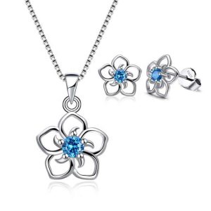 925 Sterling Silver Rhodium-Plated Jewelry Set Blue Topaz Flower Stud Earrings and Necklace for Party or Gift