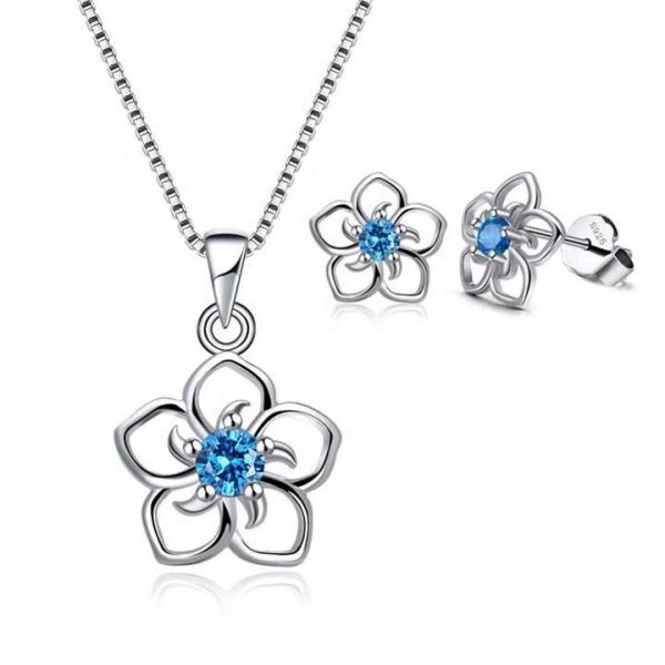 925 Sterling Silver Rhodium-Plated Jewelry Set Blue Topaz Flower Stud Earrings and Necklace for Party or Gift