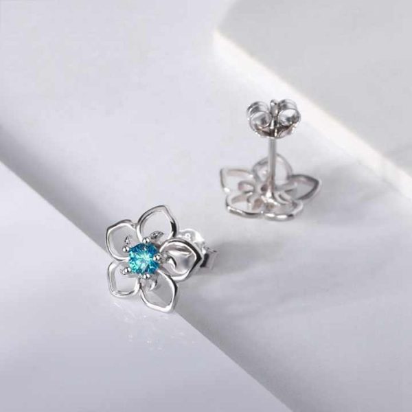 925 Sterling Silver Rhodium-Plated Jewelry Set Blue Topaz Flower Stud Earrings and Necklace for Party or Gift