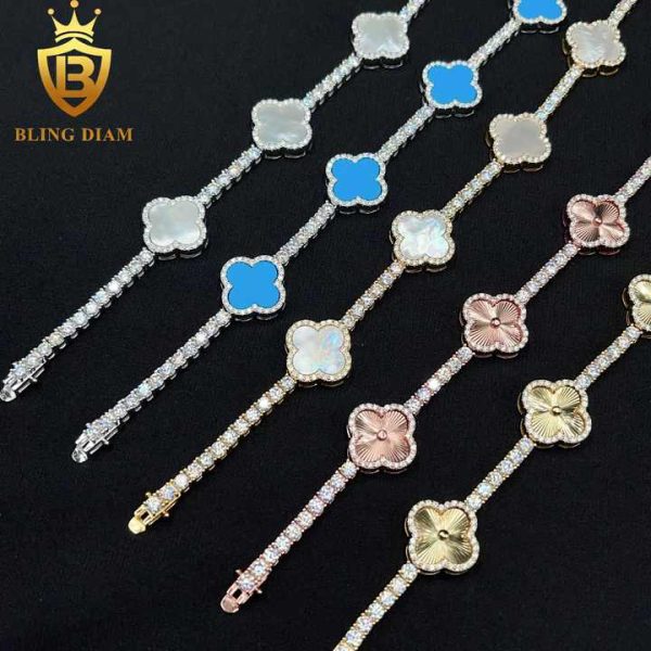 Fashion Jewelry 925 Sterling Silver VVS Moissanite Multicolor Four Leaf Clover Iced Out Bracelet