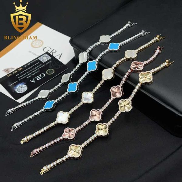 Fashion Jewelry 925 Sterling Silver VVS Moissanite Multicolor Four Leaf Clover Iced Out Bracelet