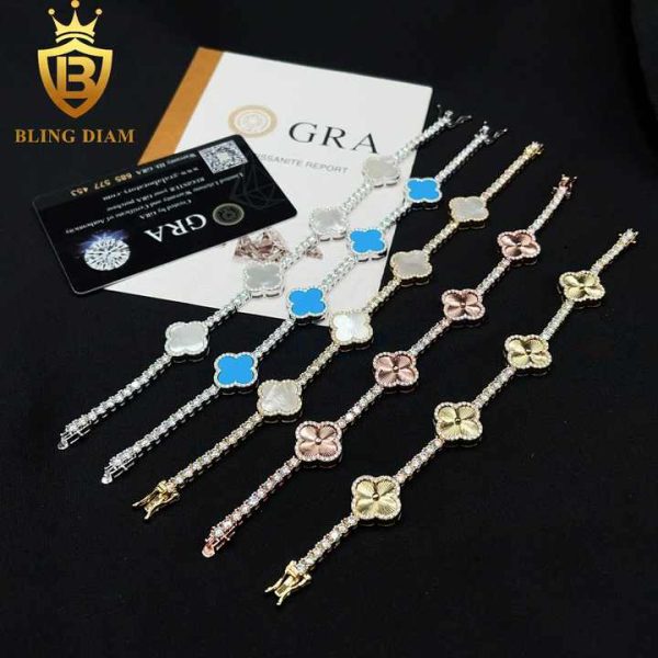Fashion Jewelry 925 Sterling Silver VVS Moissanite Multicolor Four Leaf Clover Iced Out Bracelet