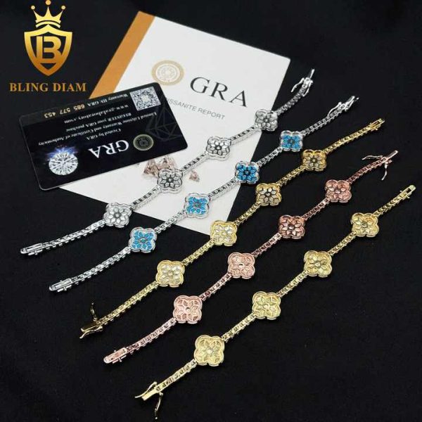 Fashion Jewelry 925 Sterling Silver VVS Moissanite Multicolor Four Leaf Clover Iced Out Bracelet