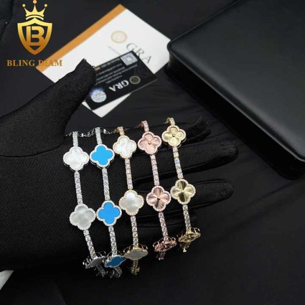 Fashion Jewelry 925 Sterling Silver VVS Moissanite Multicolor Four Leaf Clover Iced Out Bracelet
