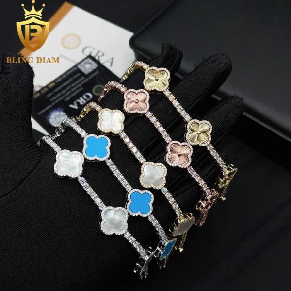 Fashion Jewelry 925 Sterling Silver VVS Moissanite Multicolor Four Leaf Clover Iced Out Bracelet