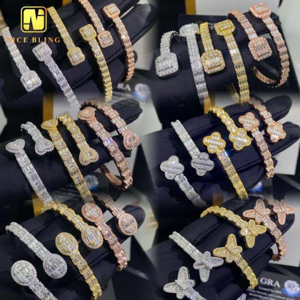 Hot Sale 6 Designs Fine Hip Hop Jewelry Baguette Custom Iced Out 925 Silver VVS Moissanite Butterfly Heart Clover Shape Bangle