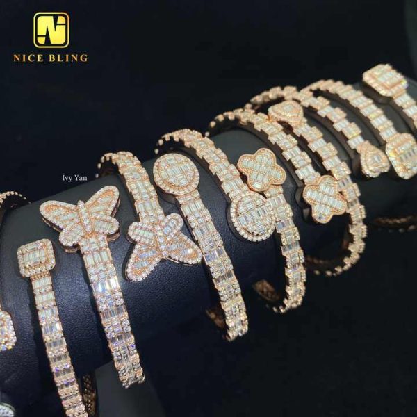Hot Sale 6 Designs Fine Hip Hop Jewelry Baguette Custom Iced Out 925 Silver VVS Moissanite Butterfly Heart Clover Shape Bangle