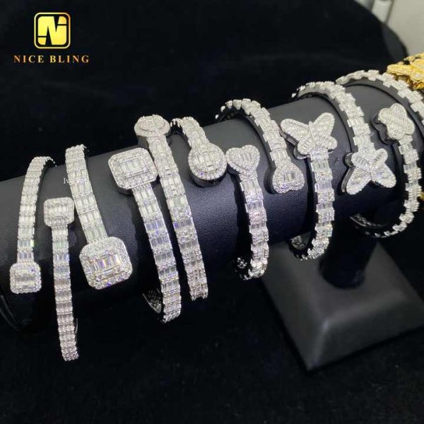 Hot Sale 6 Designs Fine Hip Hop Jewelry Baguette Custom Iced Out 925 Silver VVS Moissanite Butterfly Heart Clover Shape Bangle