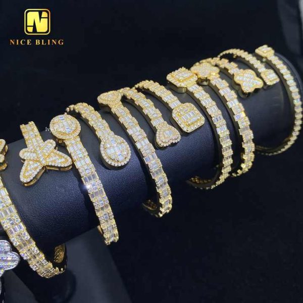 Hot Sale 6 Designs Fine Hip Hop Jewelry Baguette Custom Iced Out 925 Silver VVS Moissanite Butterfly Heart Clover Shape Bangle