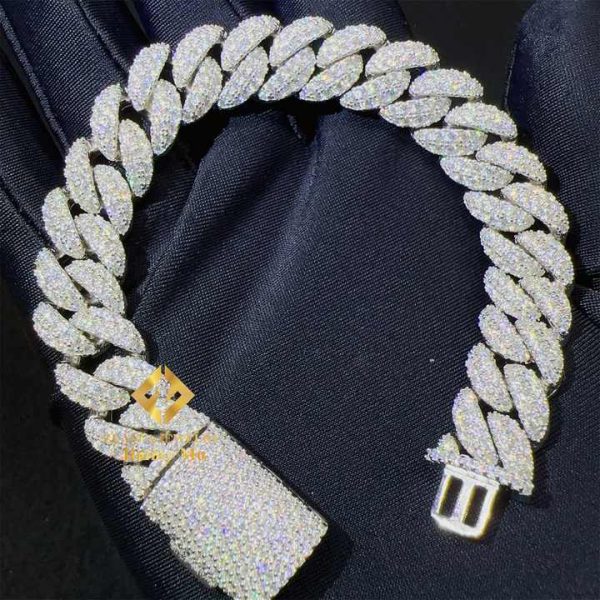925 Sterling Silver Cuban Link Chain Bracelet with Moissanite Stones Hip Hop Style Unisex Jewelry