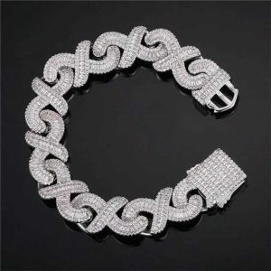 Hip Hop Cuban Link Sterling Silver Bracelet with 6mm Round Moissanite and Diamond Clusters