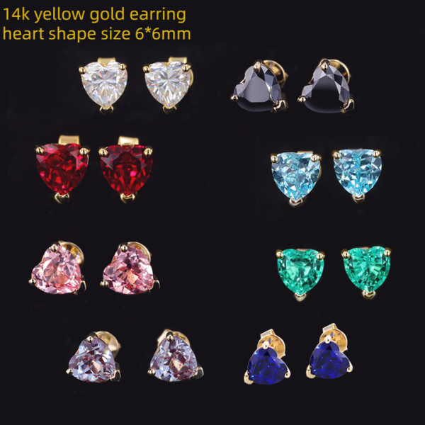 14k Yellow Gold Heart Shape Size 6*6mm Moissanite Lab Sapphaire Emerald Ruby Fancy Color Earring