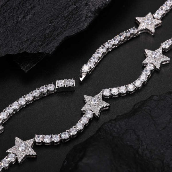 New Style Sparkling Diamond Jewelry 13mm 925 Sterling Silver Vvs Moissanite Fashion Iced Out Star Tennis Chain