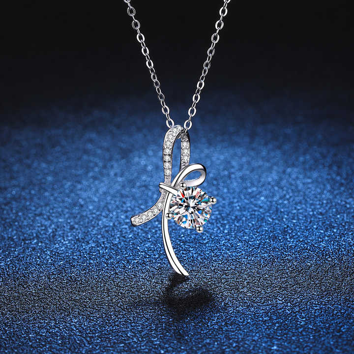 Fine Jewelry 1ct D Color Bow Pendant Moissanite S925 Sterling Silver Necklace for Women Round Brilliant Cut