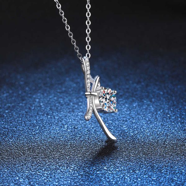 Fine Jewelry 1ct D Color Bow Pendant Moissanite S925 Sterling Silver Necklace for Women Round Brilliant Cut