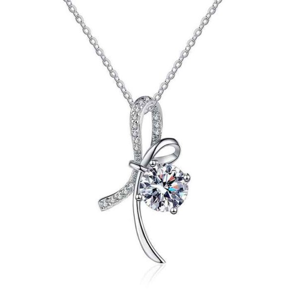 Fine Jewelry 1ct D Color Bow Pendant Moissanite S925 Sterling Silver Necklace for Women Round Brilliant Cut