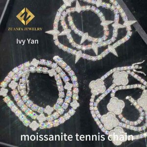 Vintage Four Leaf Clover Moissanite Tennis Chain Necklace 925 Sterling Silver Iced Out 3mm Unisex Jewelry Gift