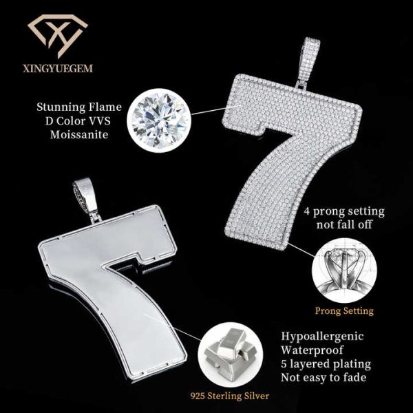 Quality Custom Hiphop Silver Letter Number Mossanite Moissanite Diamond Iced Out Pendent Pendants for Cuban Chain Necklace Men