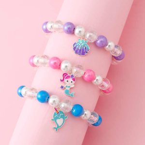 Silver Plated Colorful Acrylic Pearl Beaded Bracelet Set with Enamel Mermaid Charms for Women Girls