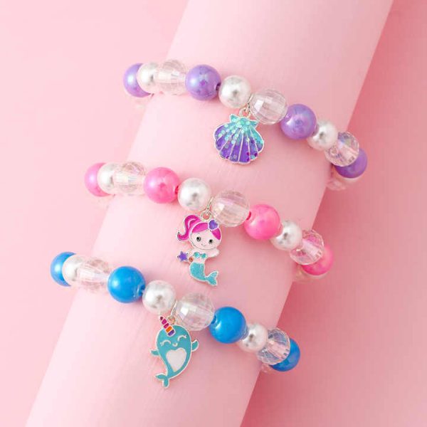 New Design Colorful Acrylic Pearl Beaded Jewelry Set Cute Enamel Carton Shell Mermaid Charm Bracelet
