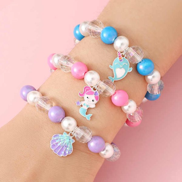 New Design Colorful Acrylic Pearl Beaded Jewelry Set Cute Enamel Carton Shell Mermaid Charm Bracelet