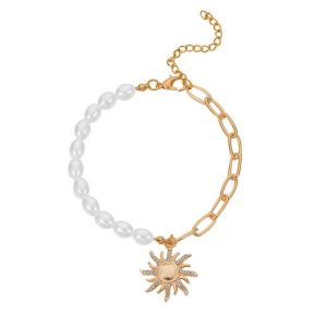 Double Layer Sun Pearl Chain Bracelet - Gold Plated Hiphop Jewelry for Wedding Engagement Anniversary Gift