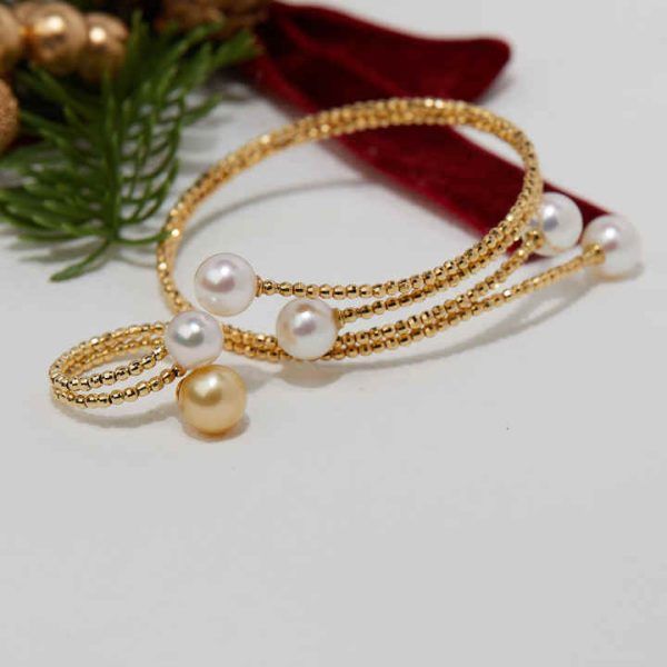 New Design 18K Solid Gold Shining Balls 8.5mm Seawater Akoya Pearls Bracelet Soft Woman's Bangle Great Gift for Women