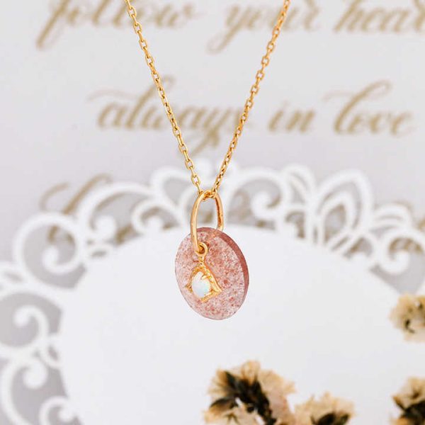 925 Sterling Silver 14K Gold Plated Gem Stone Gemstone Geometric Egg Shape Cordierite Strawberry Quartz Pendant