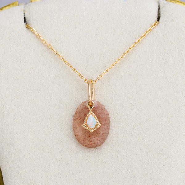 925 Sterling Silver 14K Gold Plated Gem Stone Gemstone Geometric Egg Shape Cordierite Strawberry Quartz Pendant