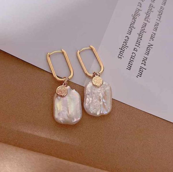 European and American Bazaar Style 18K Gold Plated square Ear Buckle with Strong Light square Baroque Freshwater Pearl Earrings