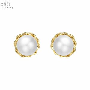 Trendy Elegant 18K Solid Gold Freshwater Pearl Stud Earrings for Women